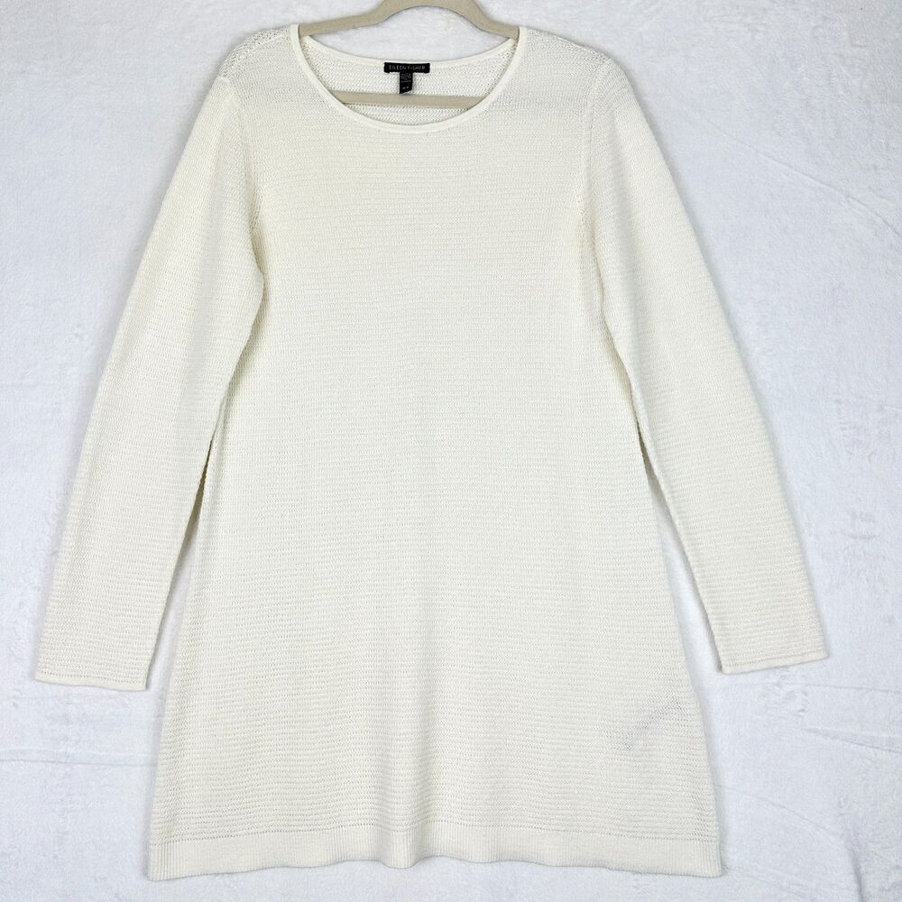 Eileen Fisher Organic Linen Cotton Tunic Sweater Size Medium Cream/Ivory